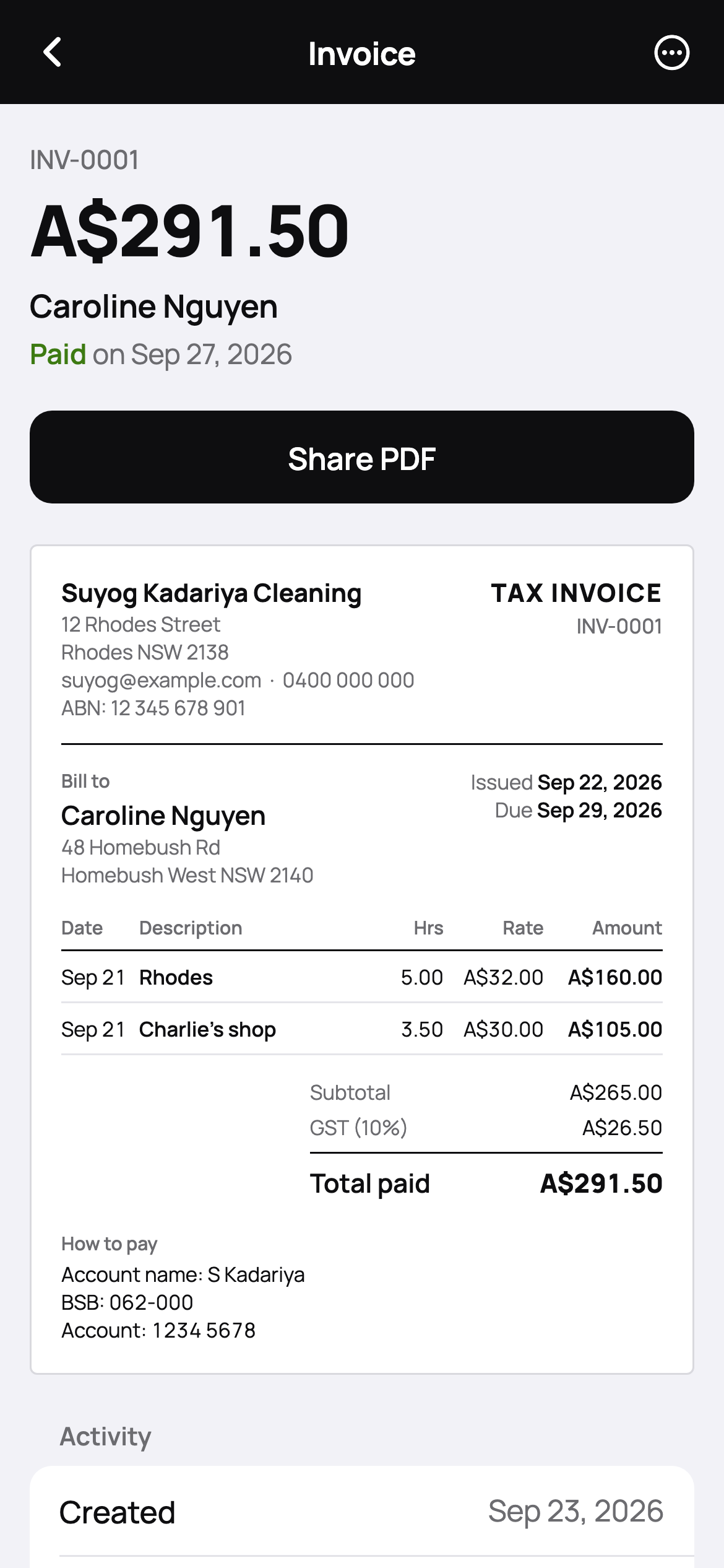Shiftly invoice with itemised hours and rate